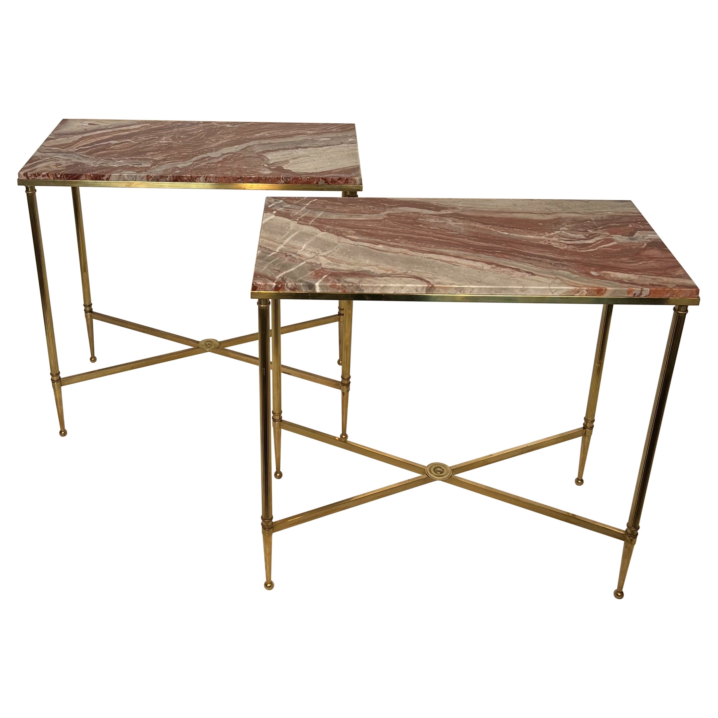 Pair of Neoclassical Style Brass Side Tables with Marble Tops by Maison Jansen