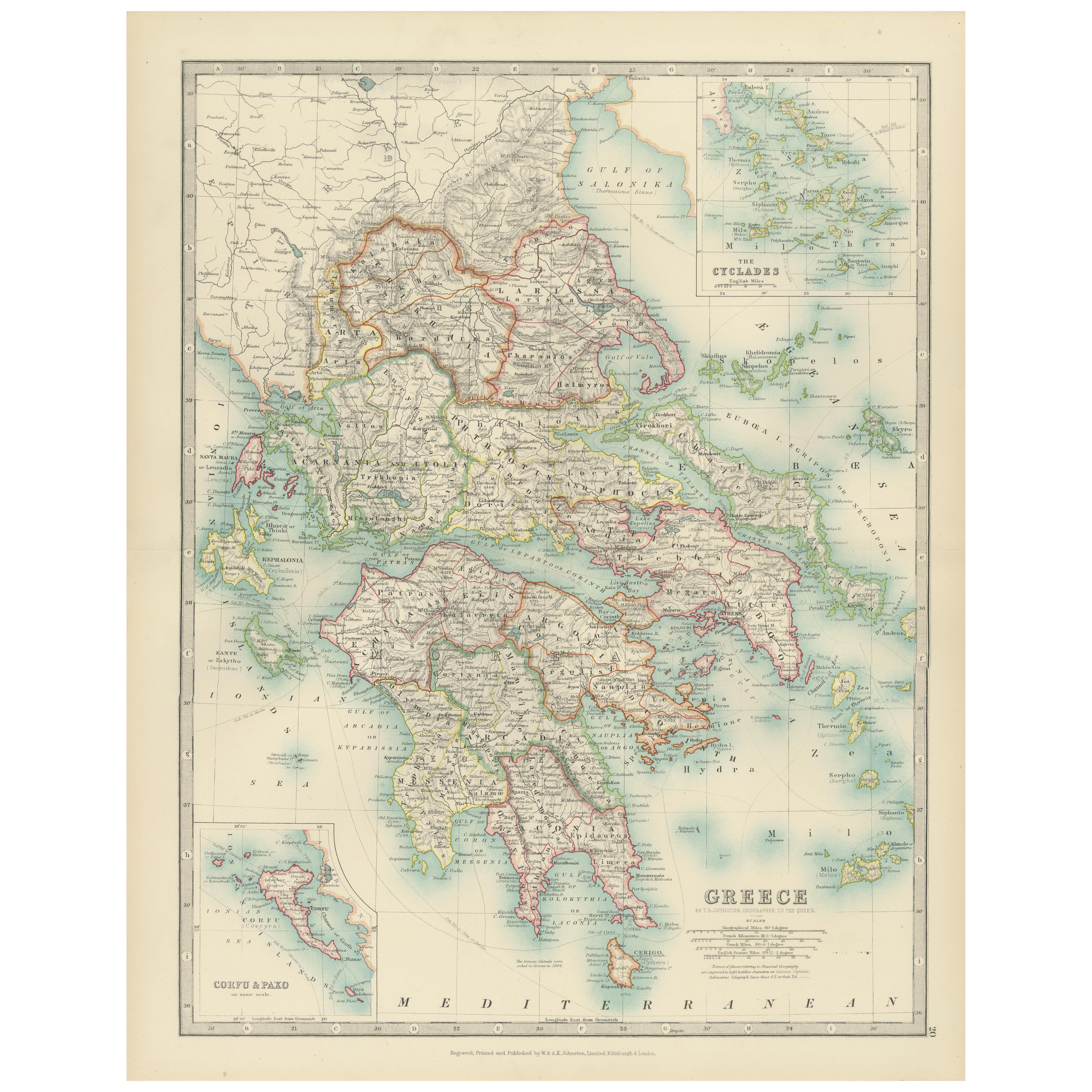 Antique Map of Greece and the Cyclades, 1903, with Many Details and Inset Maps