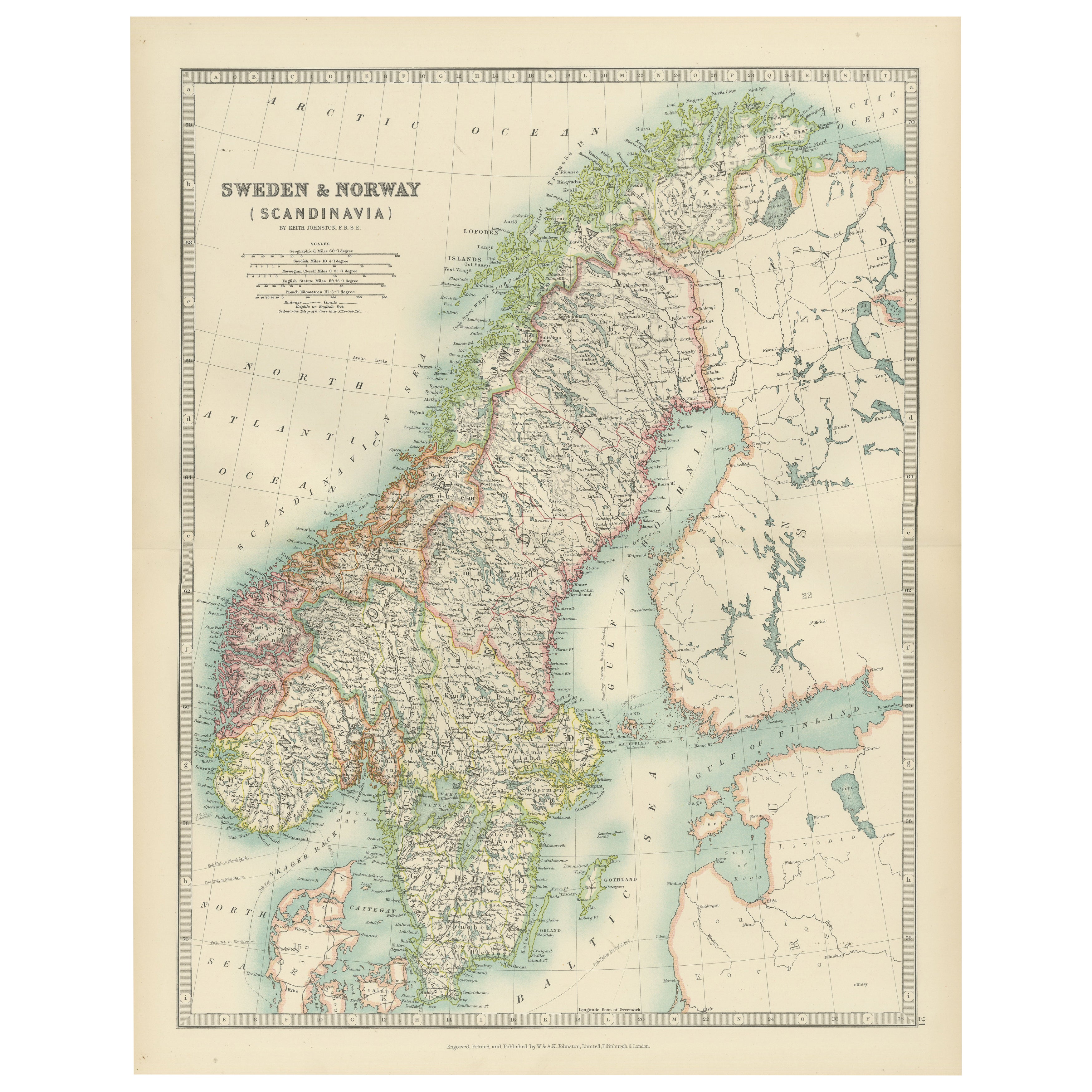Carte ancienne de la Suède et de la Norvège, 1903, avec des détails topographiques complexes