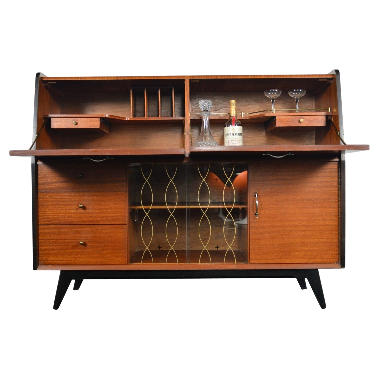1950s English Modern Bar Cabinet + Secretary Desk in Mahogany