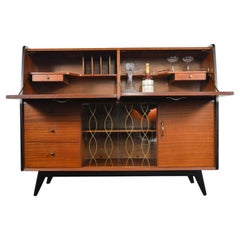 1950s English Modern Bar Cabinet + Secretary Desk in Mahogany