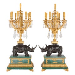 Vintage Large Pair of Ormolu and Malachite Rhino Table Candelabra