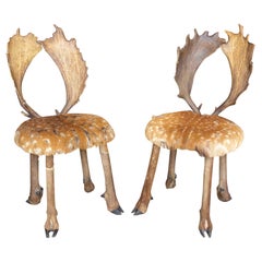 1970s Pair of Hunting Style Chairs with Antlers and Deer Hide
