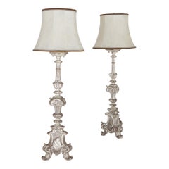 Antique Pair of 18th-Century Continental Silvered Wood Lamps
