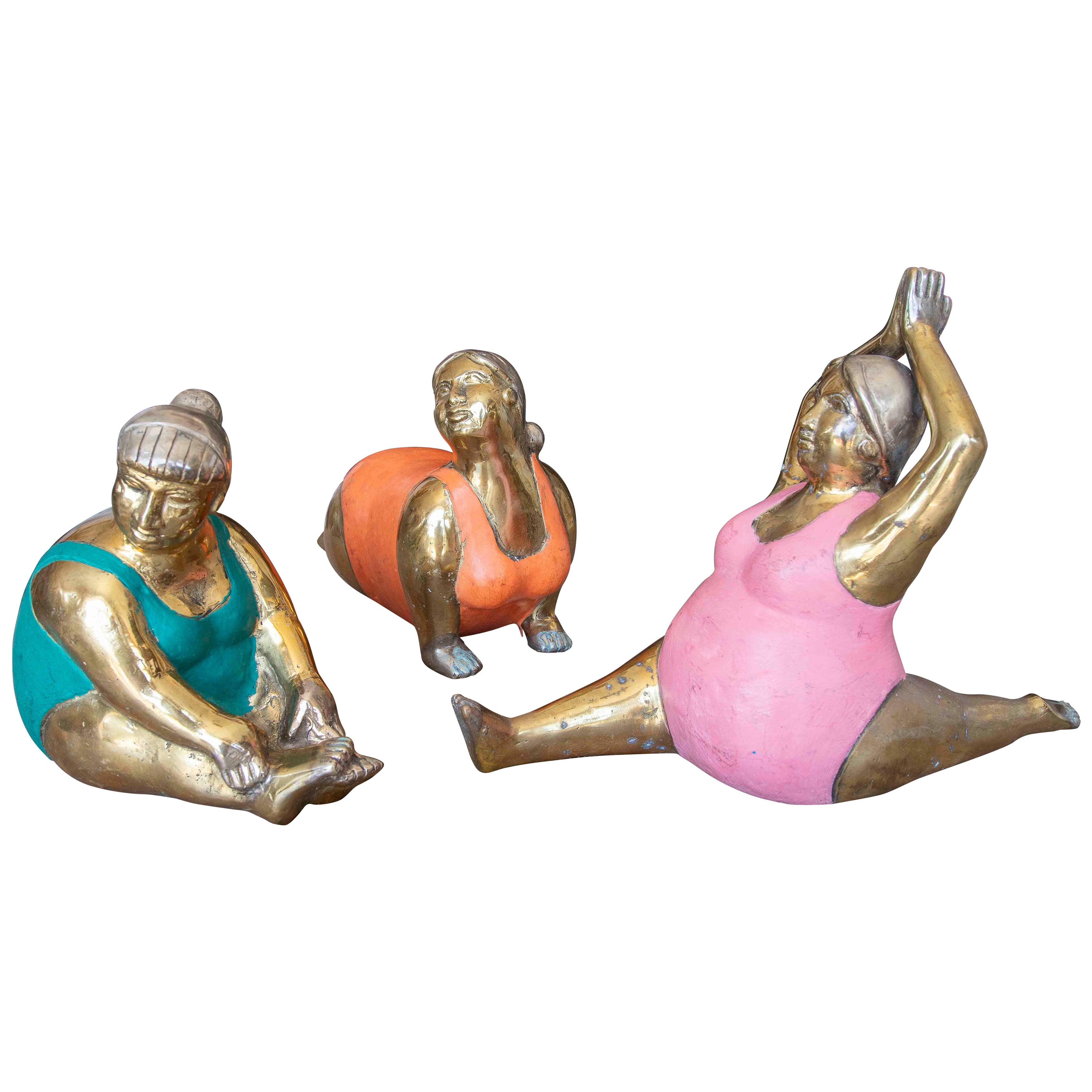1990s Set of Three Bronze Sculptures of Women in Yoga Postures