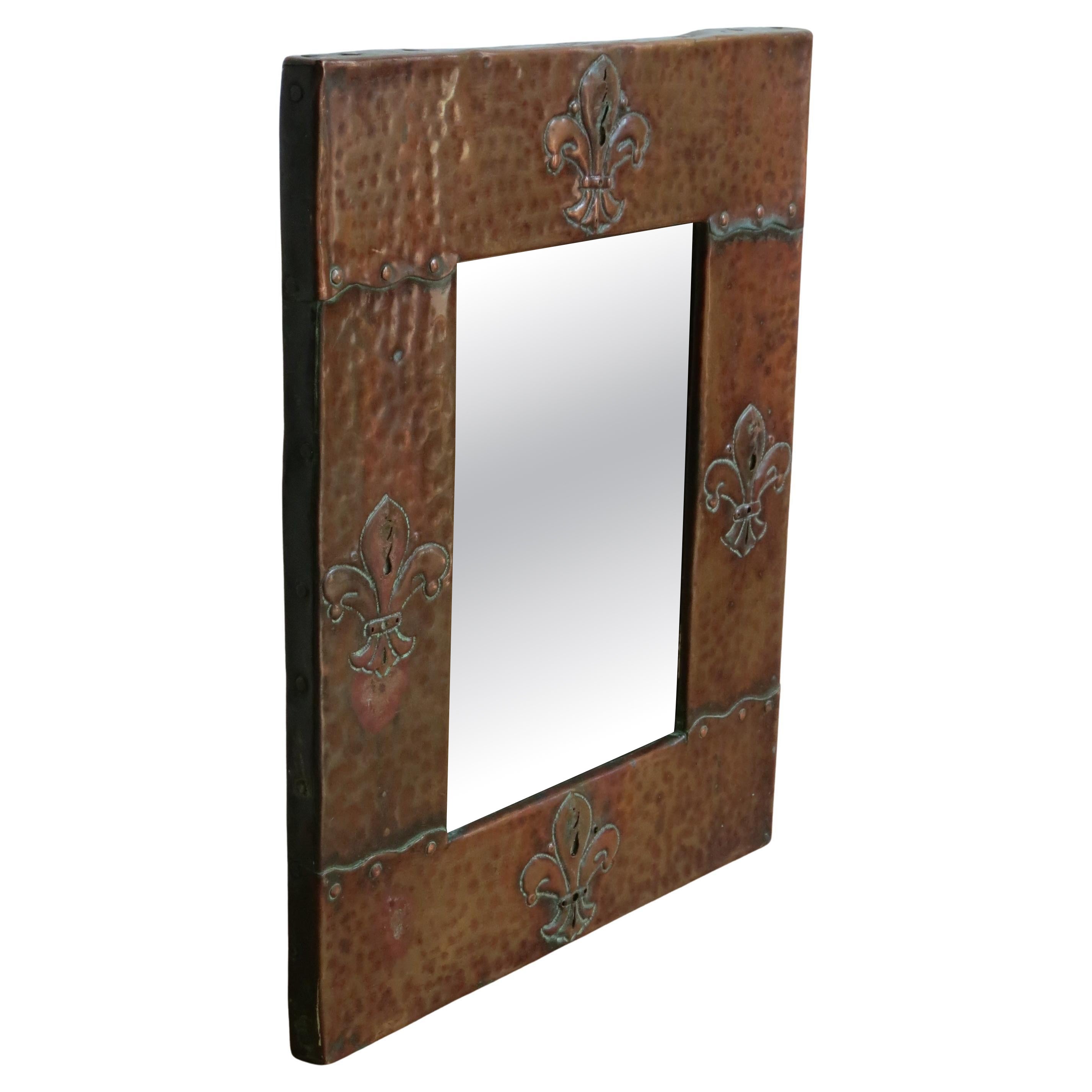 Arts and Crafts Copper Fleur de Lys Wall Mirror in Liberty Style