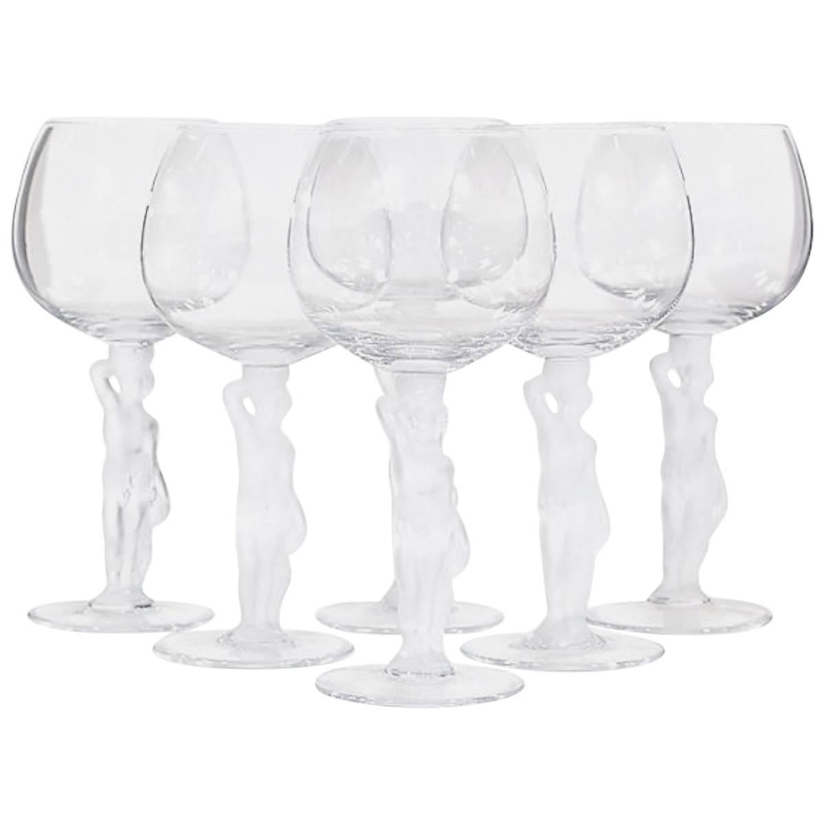 Art Deco Frosted Cherub Nude Wine Stems, Set of Six