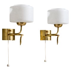 French Designer, Wall Lights, Brass, Glass, France, 1950s