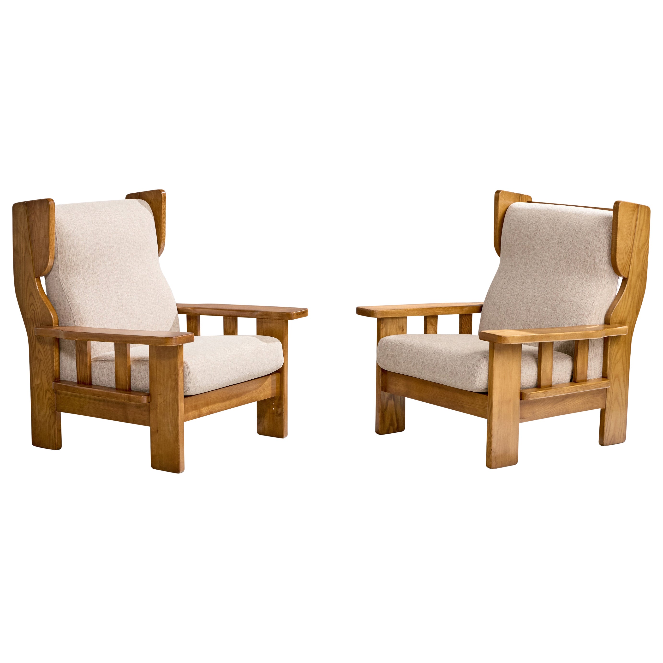 Italian Designer, Lounge Chairs, Oak, Fabric, Italy, 1970s