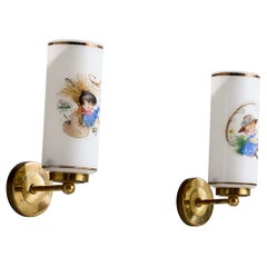 French Designer, Wall Lights, Brass, Glass, France, 1950s