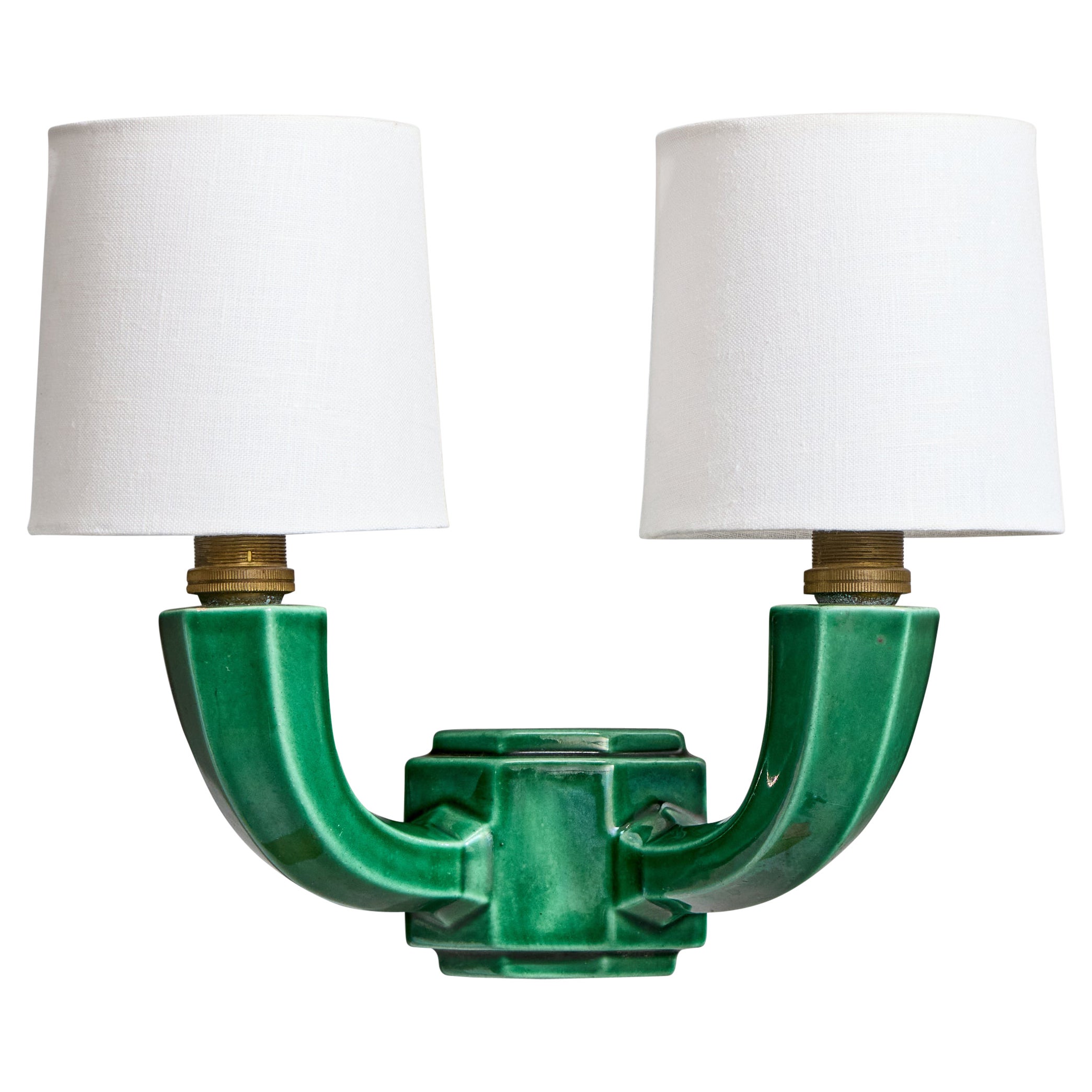 French Designer, Wall Light, Ceramic, Brass, Fabric, France, 1950s