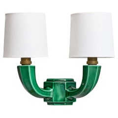 French Designer, Wall Light, Ceramic, Brass, Fabric, France, 1950s