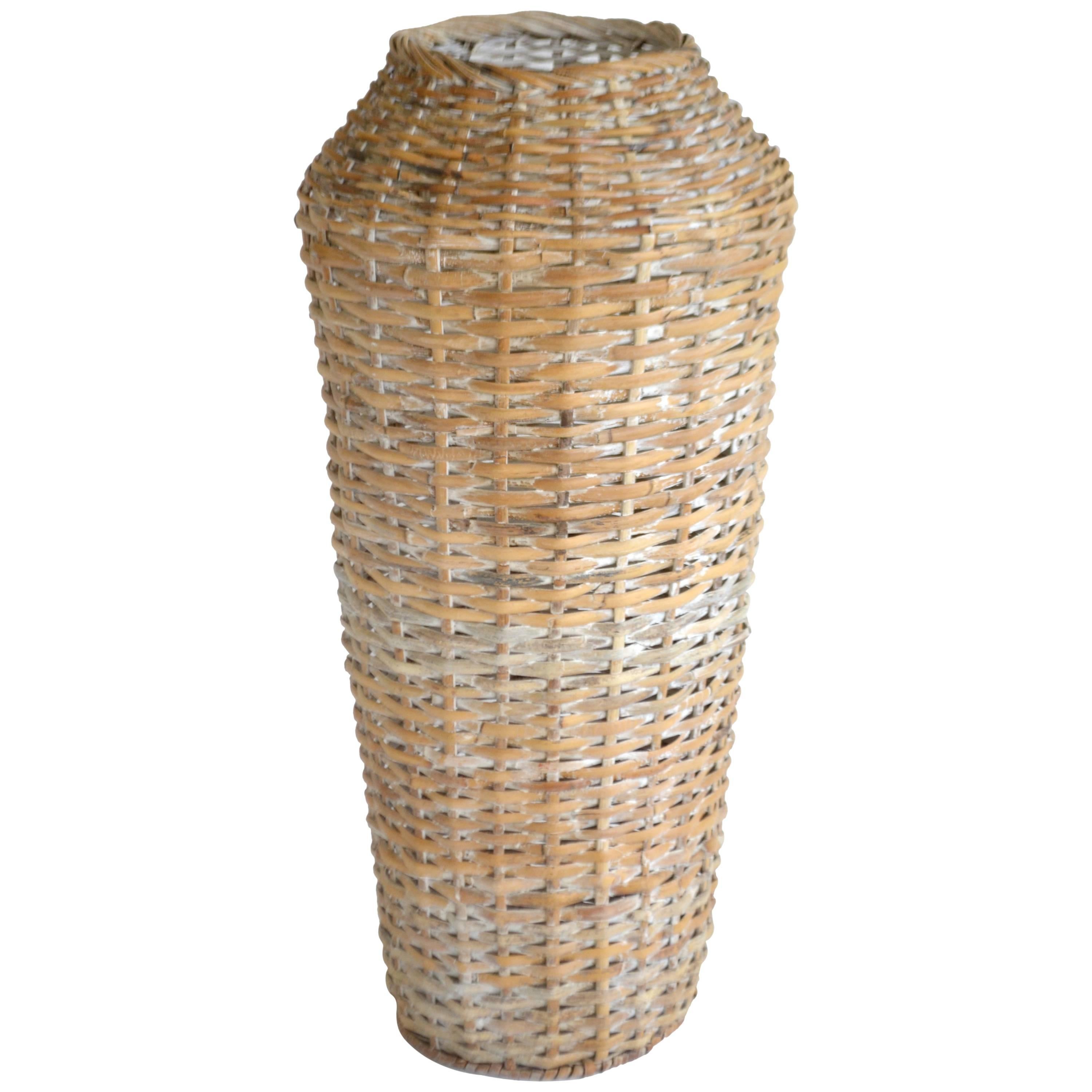 Sculptural Whitewashed Woven Rattan Basket For Sale 4