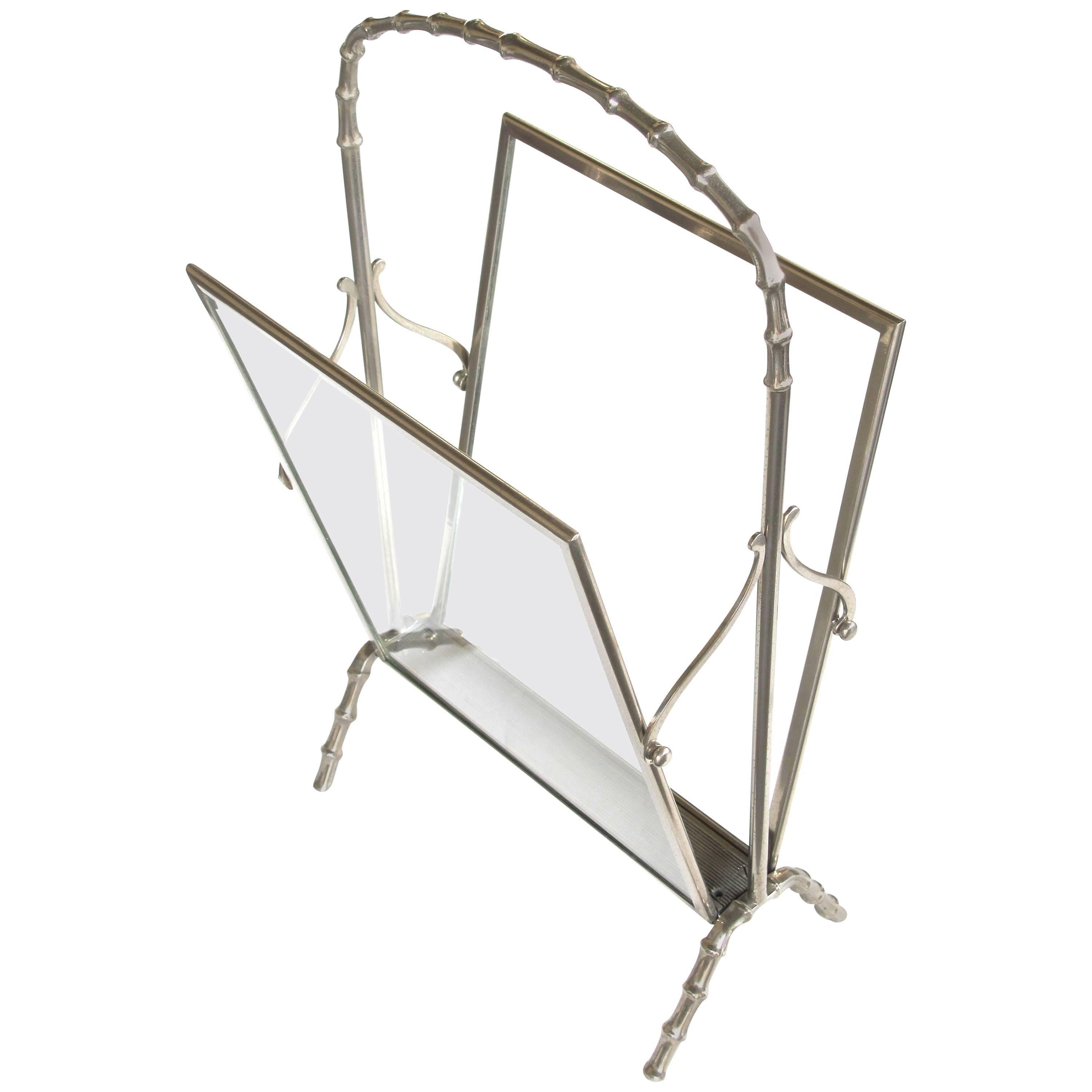 Chic French Maison Bagues 1940s Chrome and Glass Faux Bamboo Magazine Rack For Sale