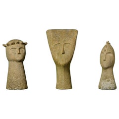 Set of Contemporary Abstract Carved Stoneware Busts