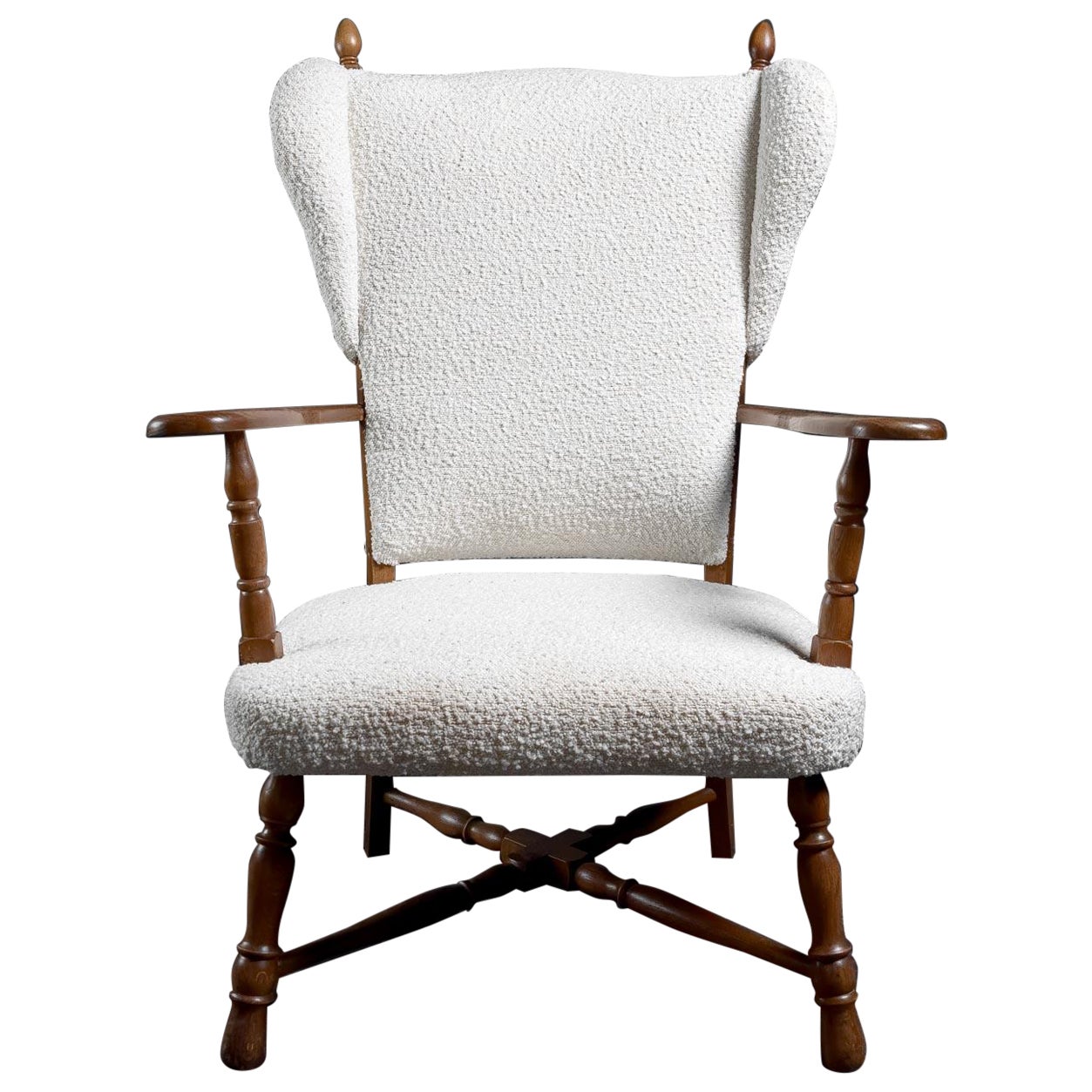 Elegant fauteuil danois du début du 20e siècle en Oak Oak avec tapisserie Bouclé en vente