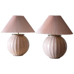 Vintage 1980s Blush Designer Glass Lamps with Pleated Shades - A pair