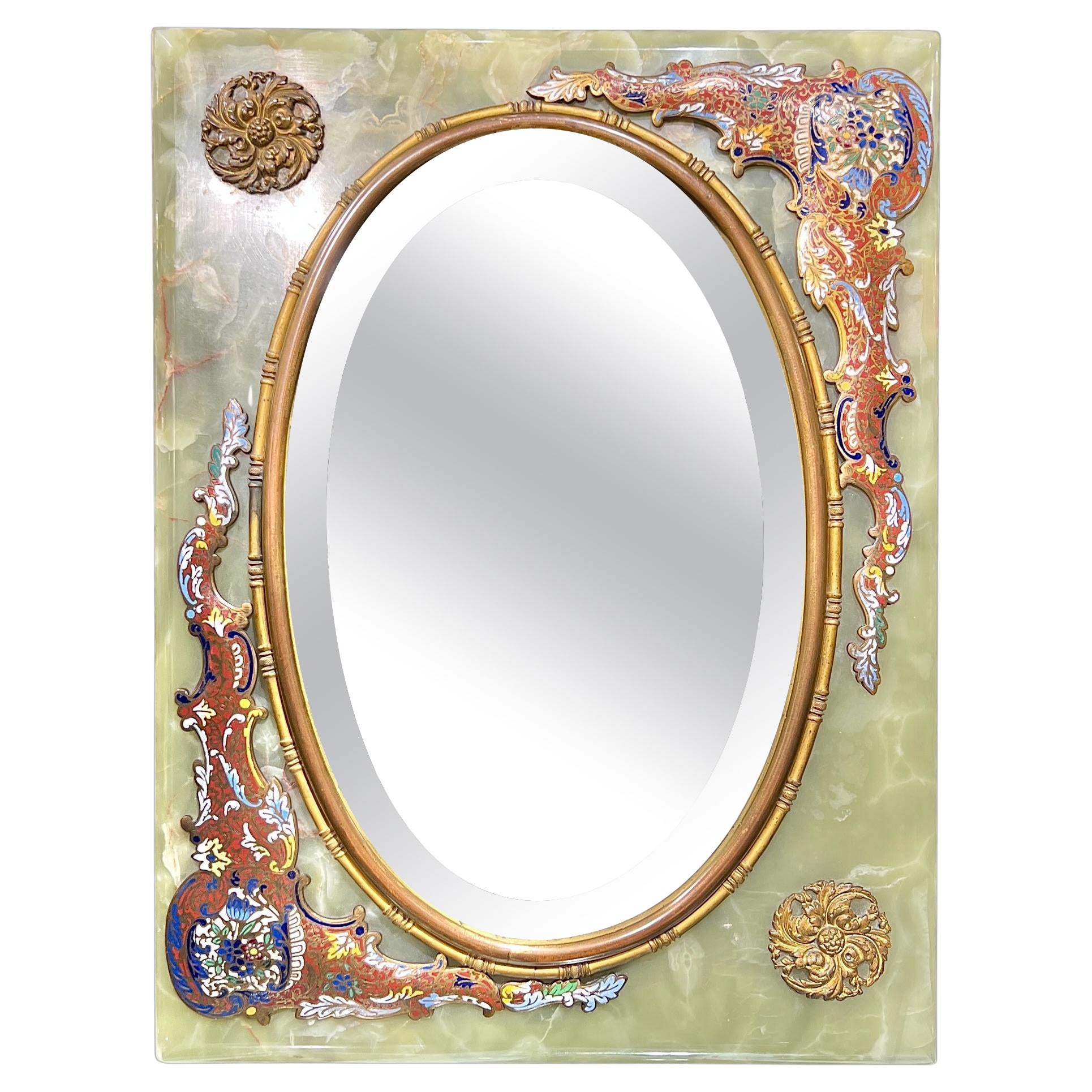19th Century French Champleve Enameled Bronze and Onyx Table Mirror