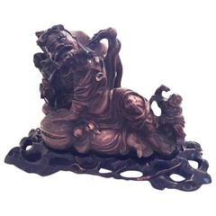Chinese Scholar's Studio Wood Carving of Li-Tieguai on Carved Stand