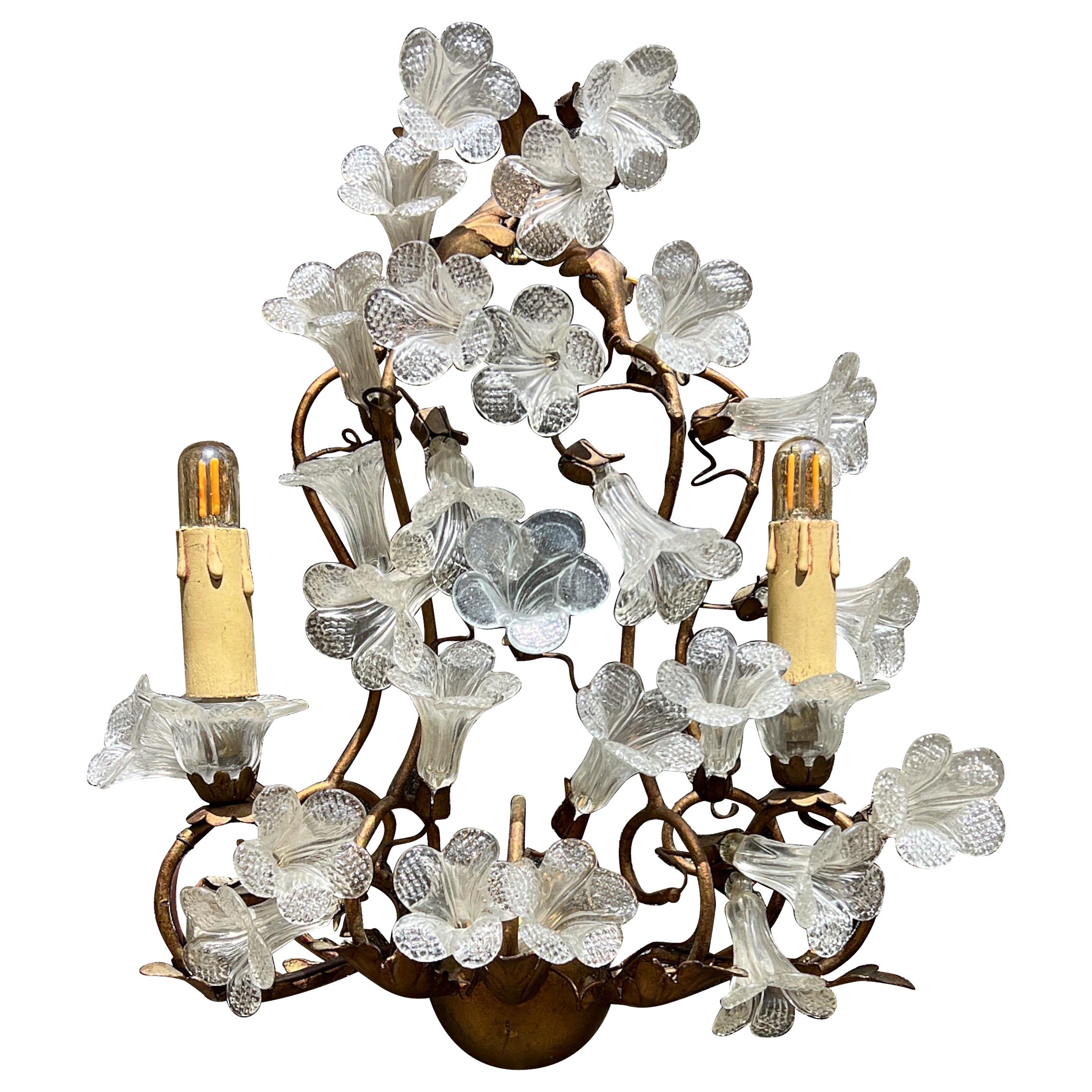 Murano Glass Wall Lamp with Gold Coated Forged Metal Base from the 1950s