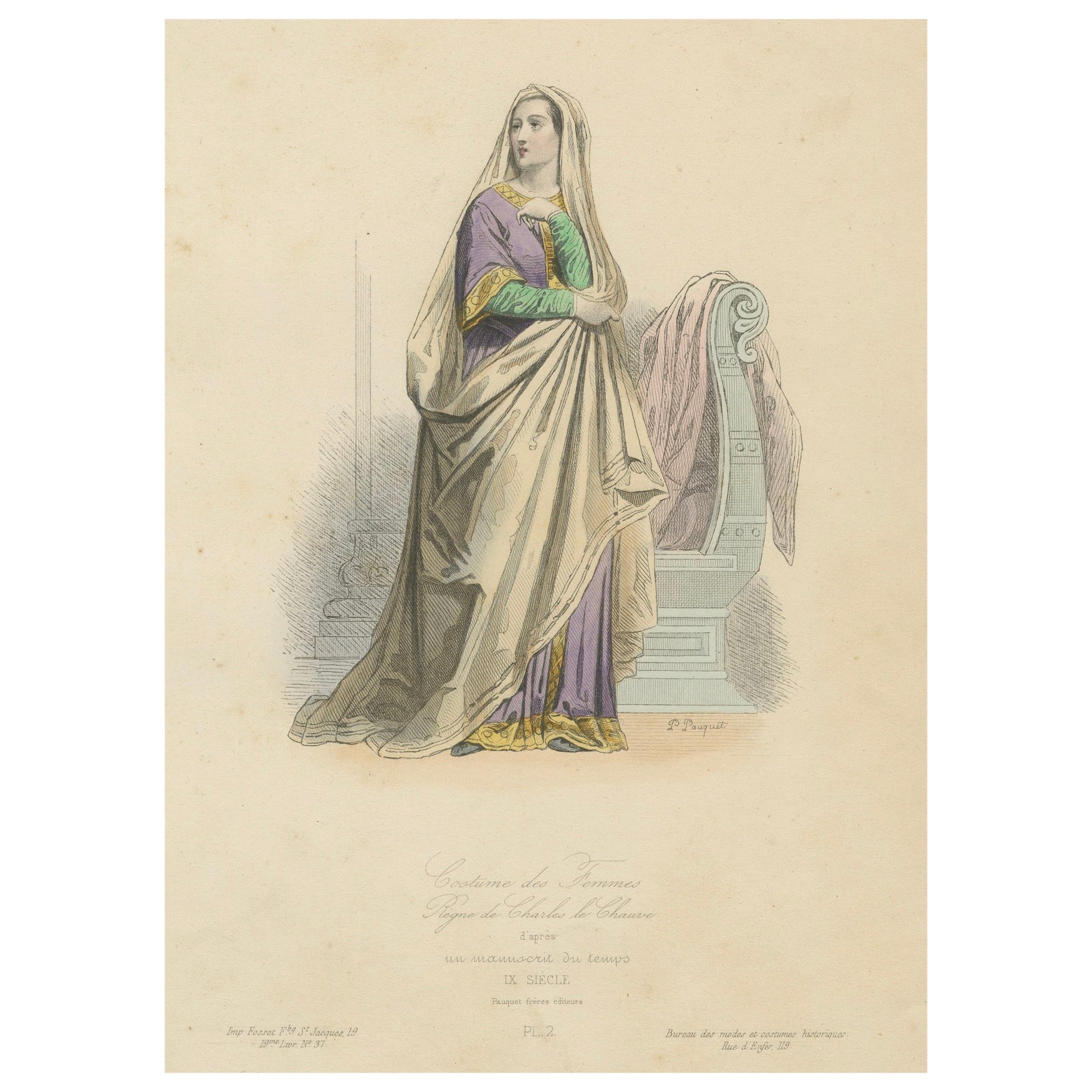 Antiker handkolorierter Modedruck einer karolingischen Dame aus dem 9. Jahrhundert, um 1860