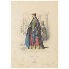 Regal Antique French Costume Print of a Queen, Hand-Coloured in the 19th Century