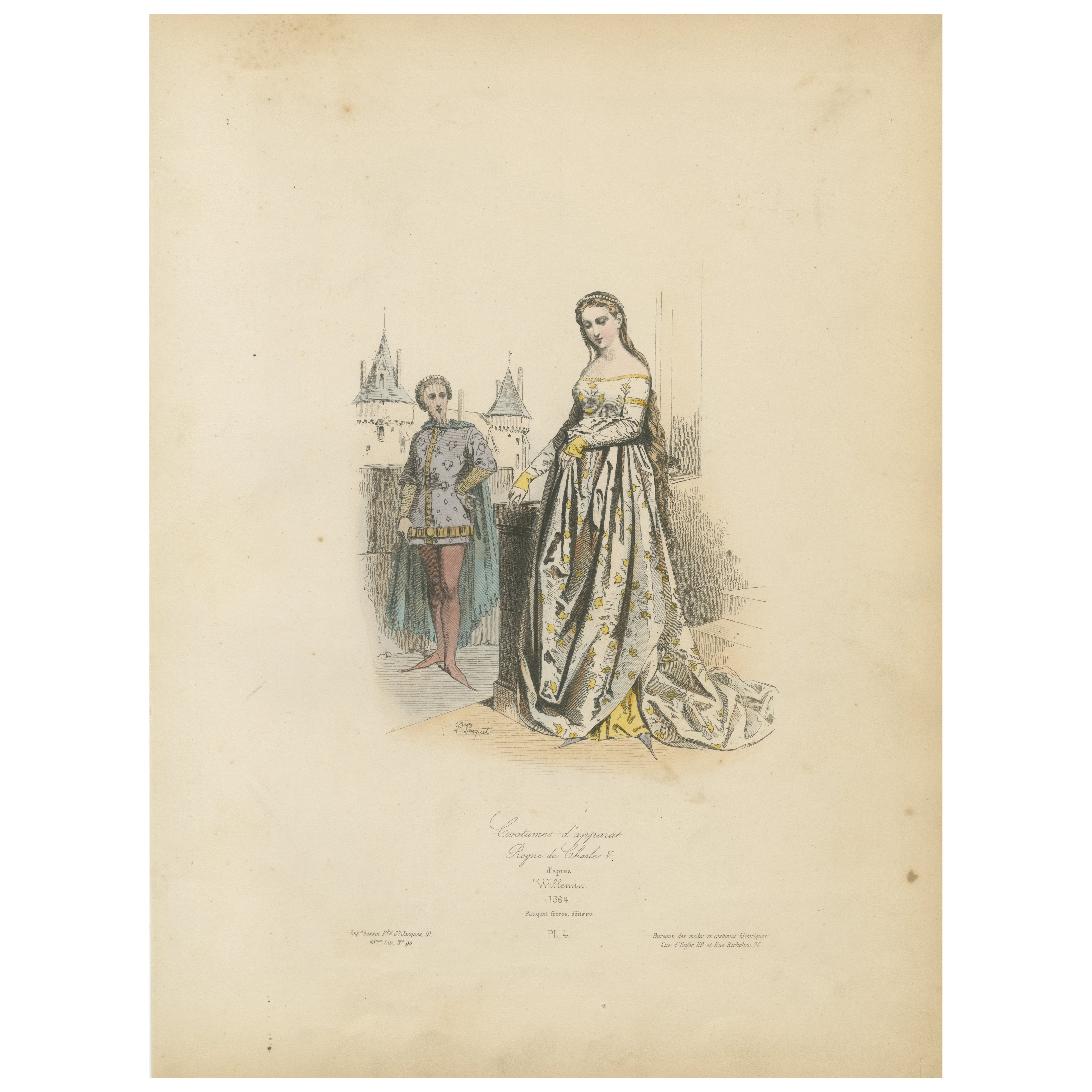 Antique French Druck der höfischen Mode, Herrschaft von Charles V, um 1860