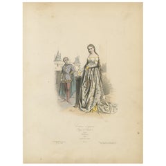 Antique French Print of Courtly Fashion, Reign of Charles V, circa 1860