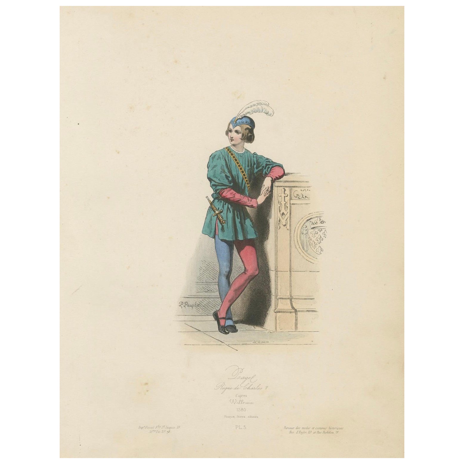 Antique French Costume Print of Medieval Page Boy, Hand-Colored, 19th Century