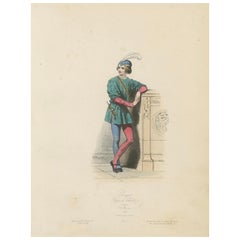 Antique French Costume Print of Medieval Page Boy, Hand-Colored, 19th Century