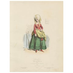 Antique French Costume Print of Medieval Chambermaid, Hand-Colored, 19th Century