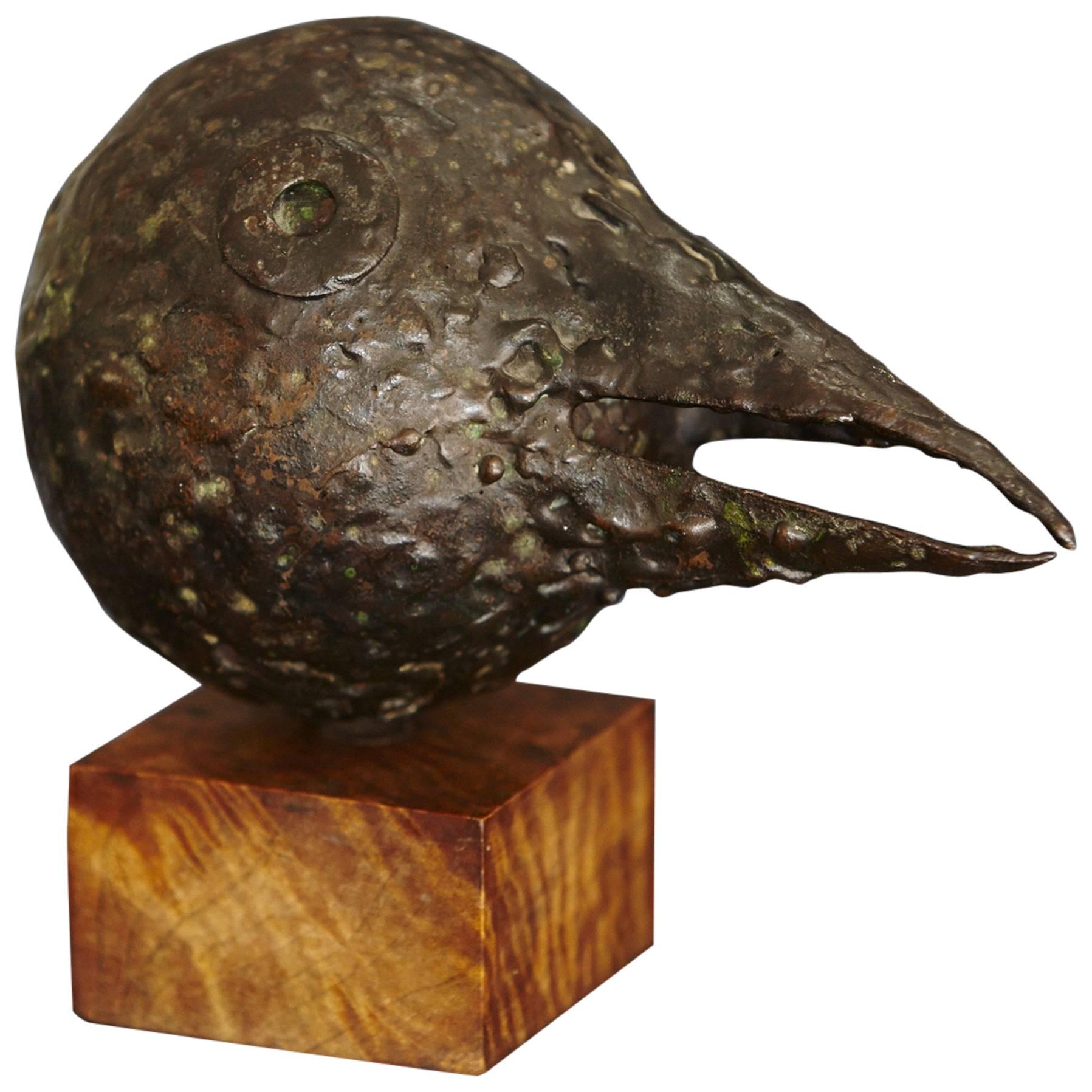 Brutalist Style Bronze Sculpture Black Bird with Long Beak