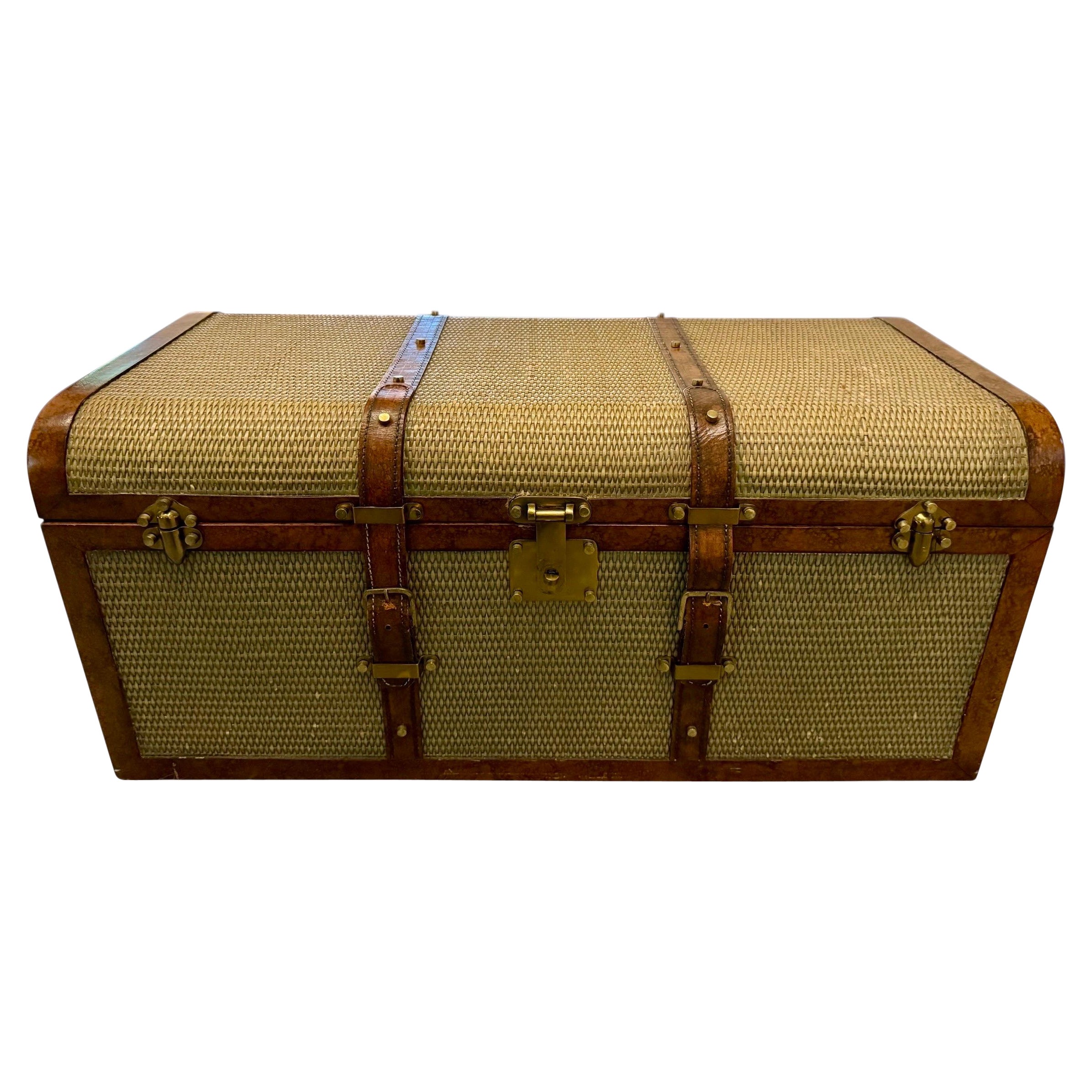 Maitland Smith Rattan and Leather Trunk with Brass Hardware, Immaculate Interior