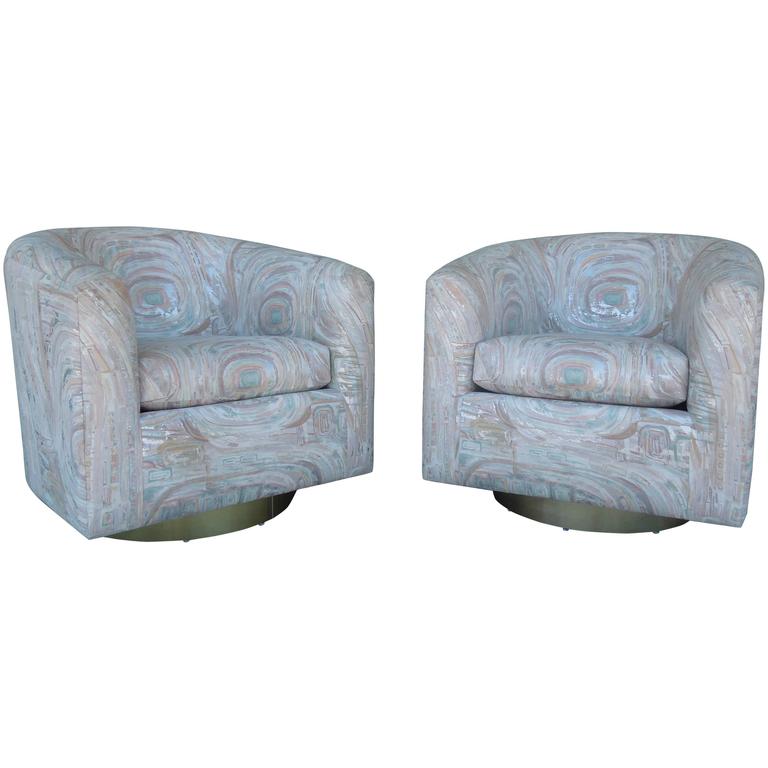 Vintage Pair of Modern Brass Barrel Swivel Chairs in Original Designer Fabric