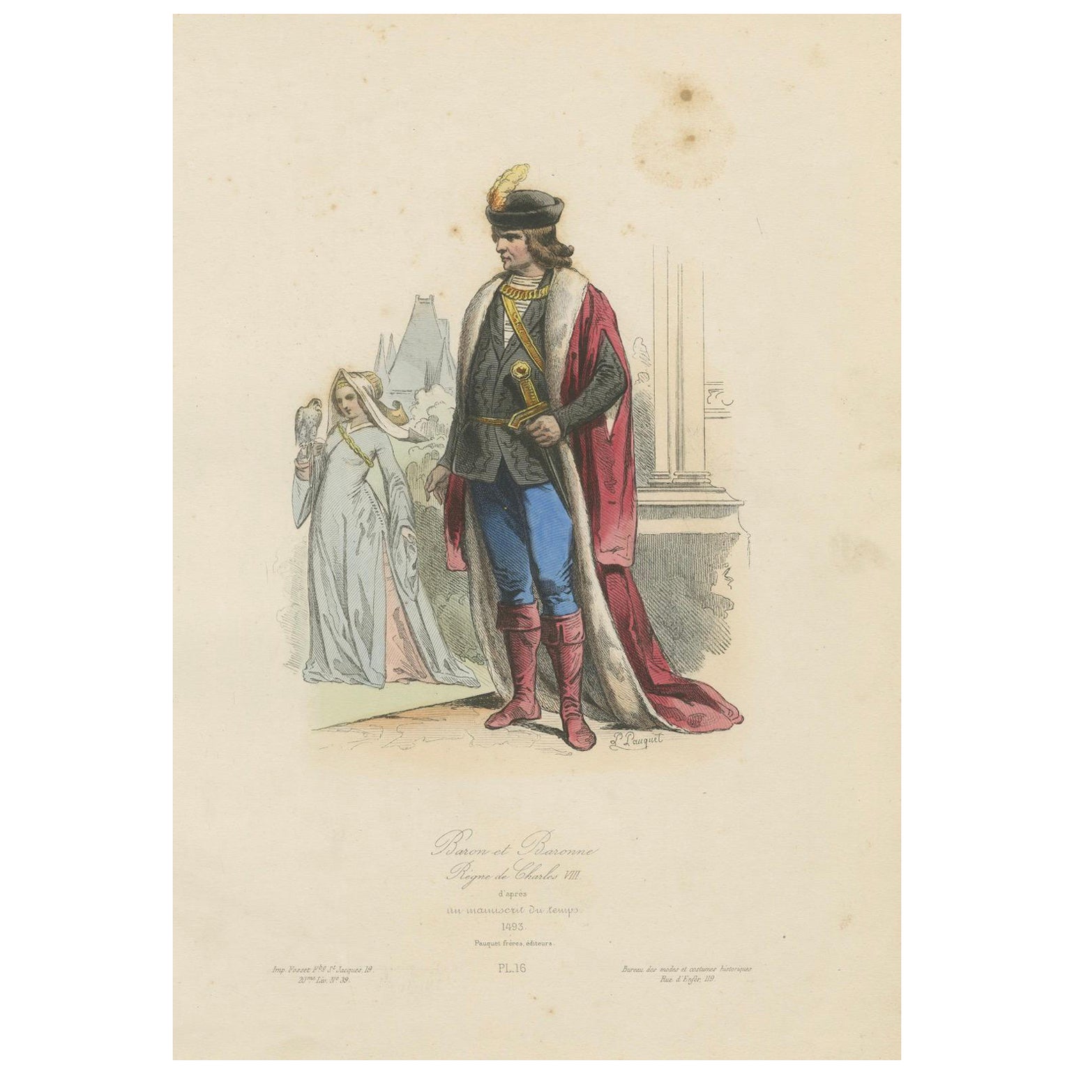 Antique French Kostümdruck eines Barons und einer Baronin in mittelalterlicher Kleidung, ca.1860