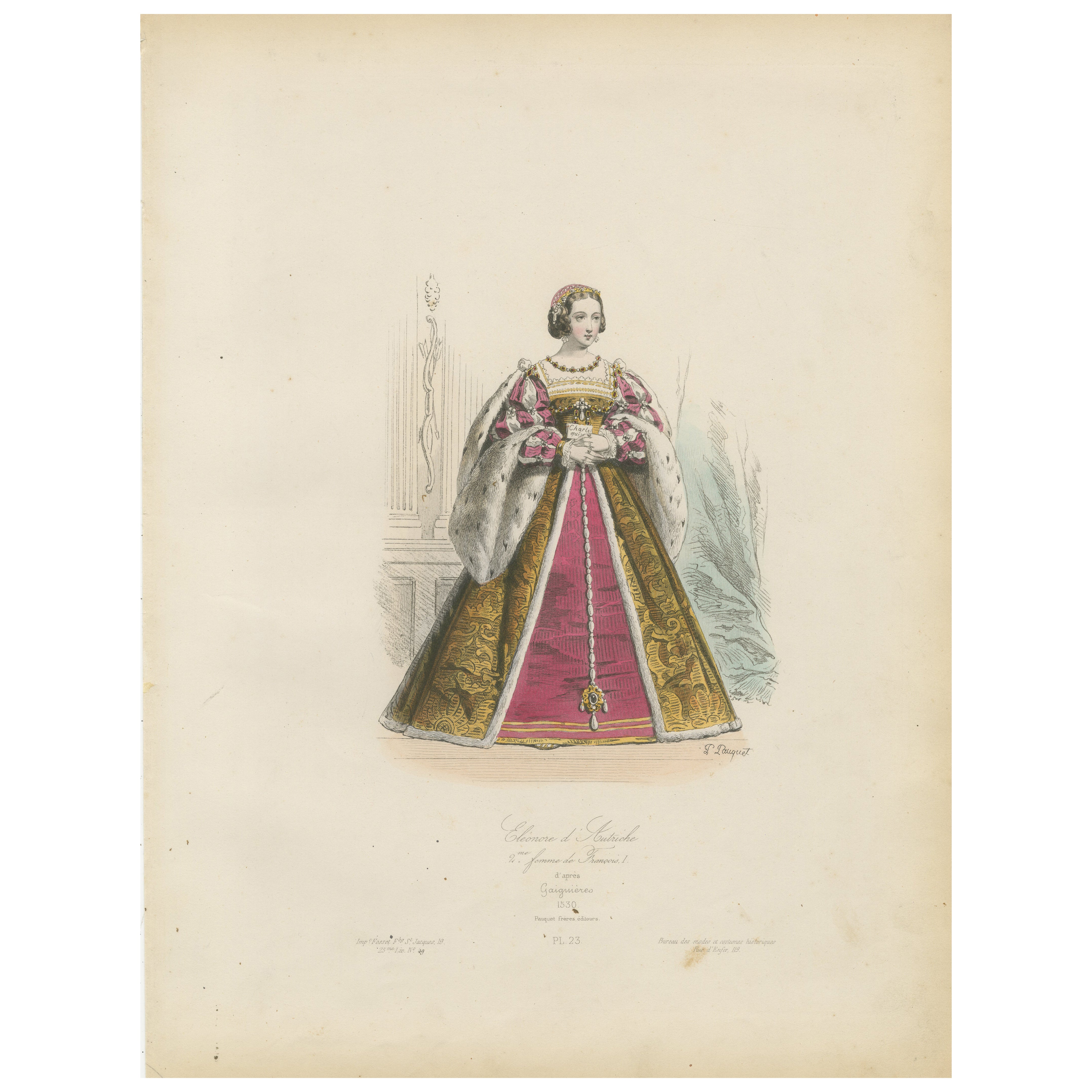 Antique French Costume Print of Eleonore di Austria, Renaissance Fashion, c.1860