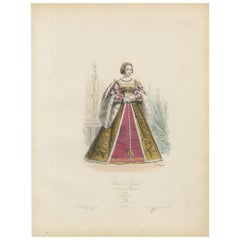 Antique French Costume Print of Eleonore di Austria, Renaissance Fashion, c.1860