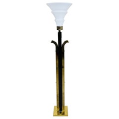 Art Deco Style Torchere Floor Lamp Brass & Black Lacquer