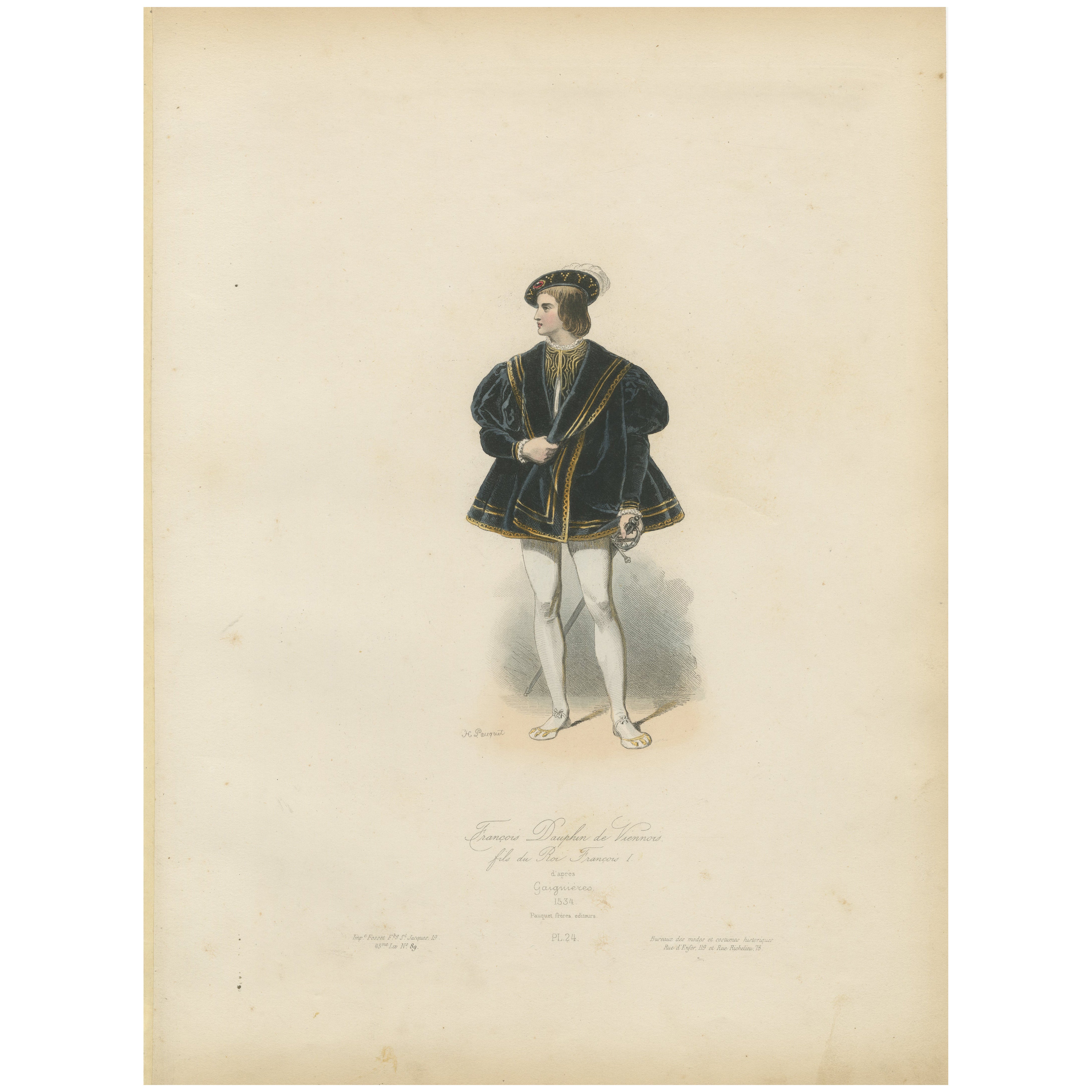 Antique French Kostüm Druck von François Dauphin de Viennois, Renaissance Attire im Angebot