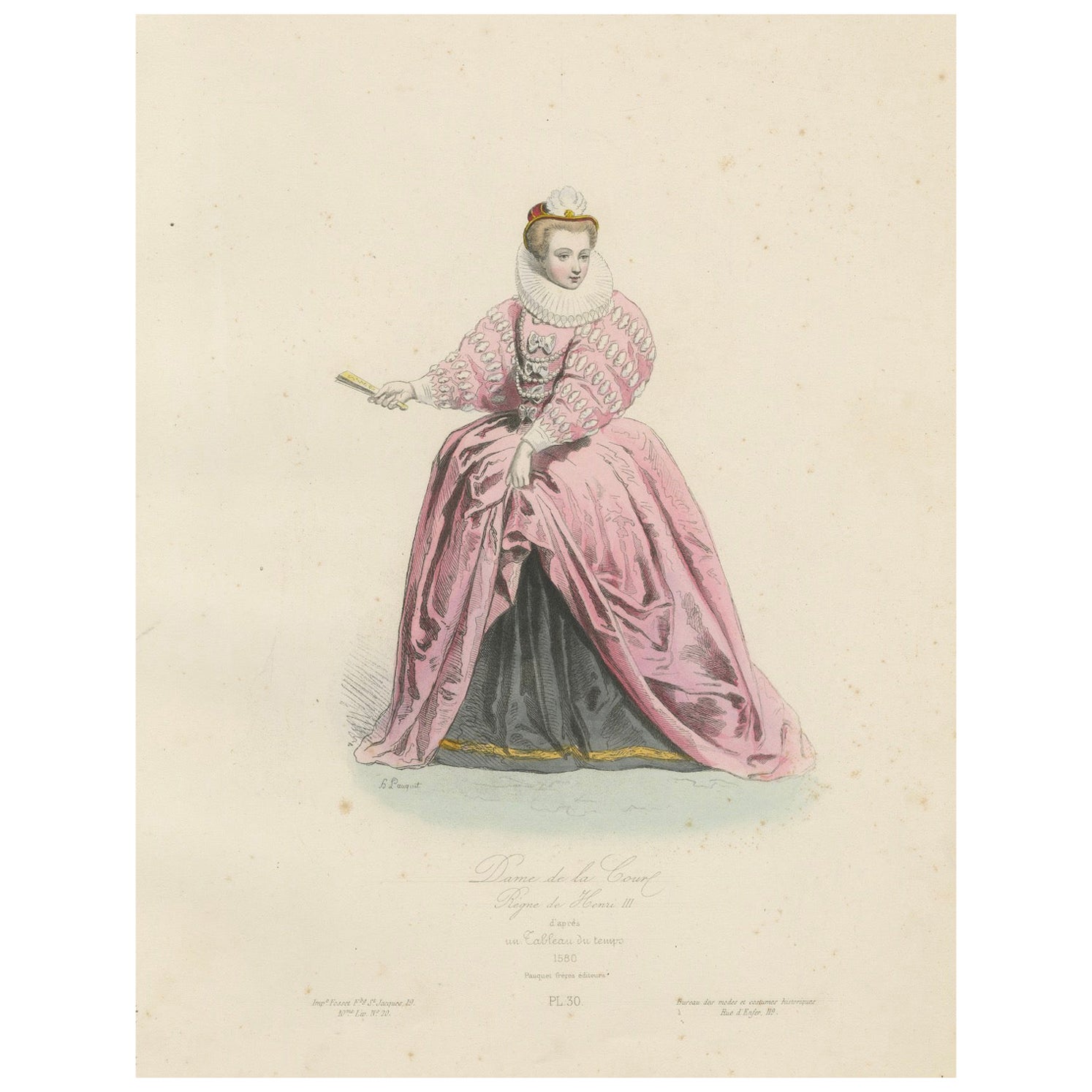 Antique French Kostüm Druck einer Dame des Hofes, Herrschaft von Henri III, ca.1860 im Angebot