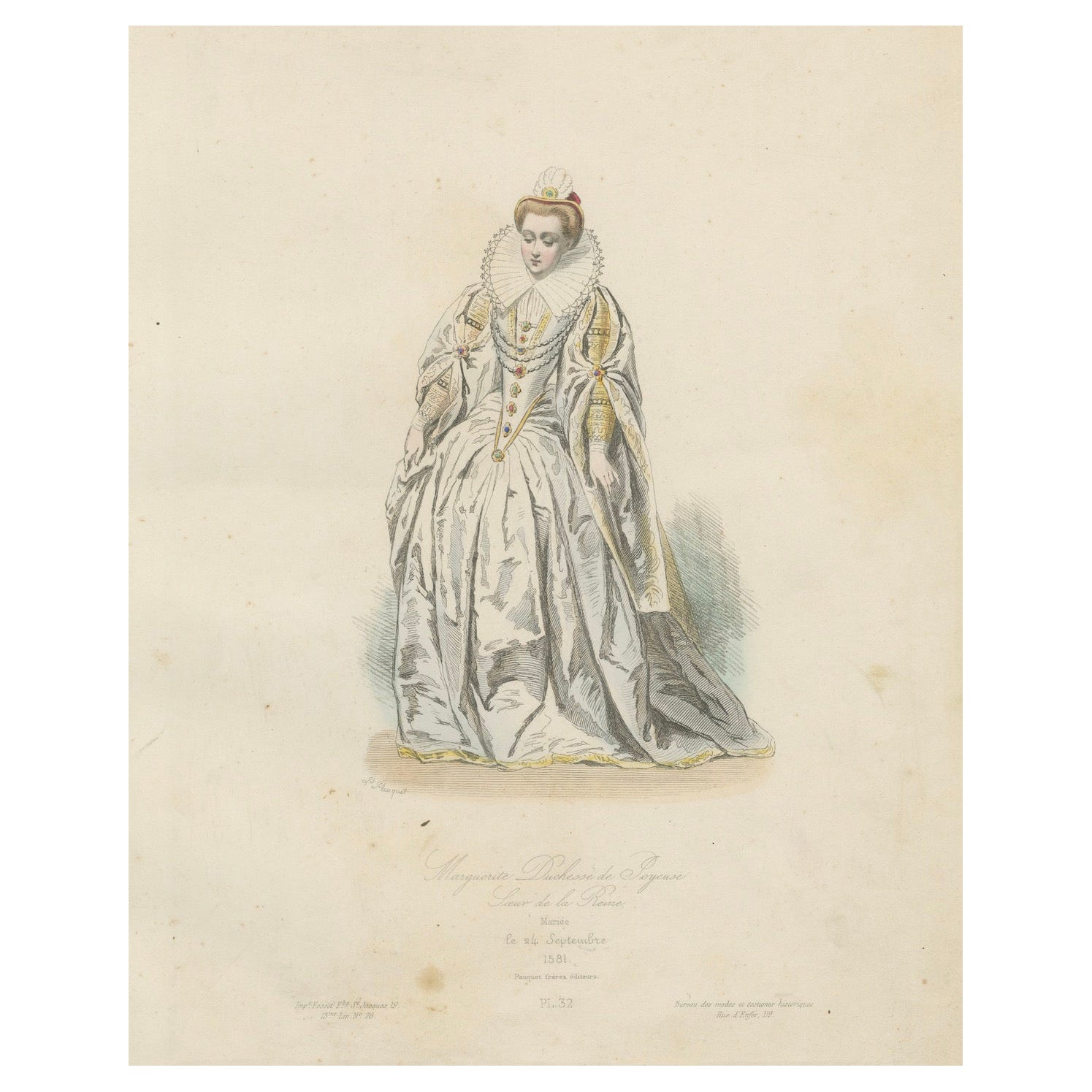 Antique French Kostüm Druck von Marguerite Duchesse de Savoie, Renaissance-Kleid