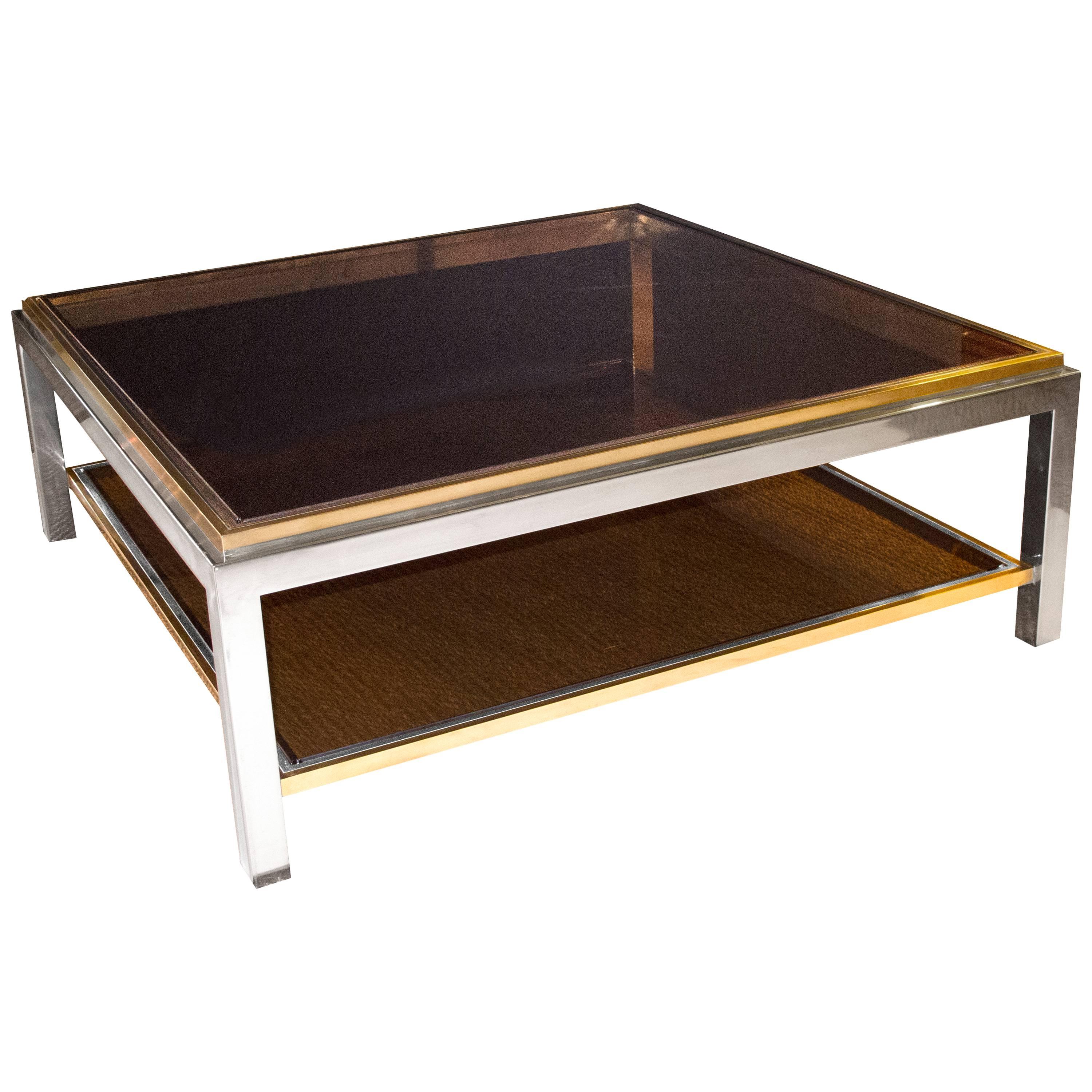 French Signed Jean Charles Square Brass and Nickel Coffee Table, Smoked Glass For Sale
