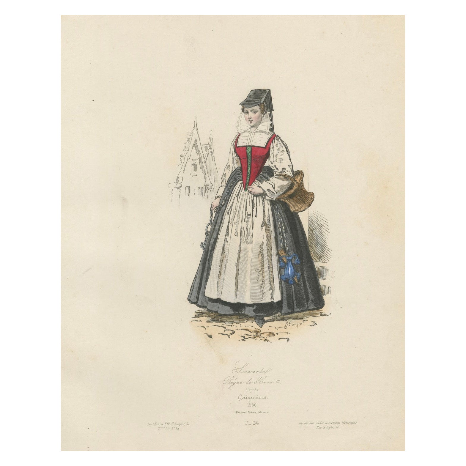 Antique French Costume Print of a Servant in Medieval Dress, 19th Century