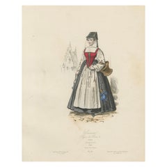Antique French Costume Print of a Servant in Medieval Dress, 19th Century