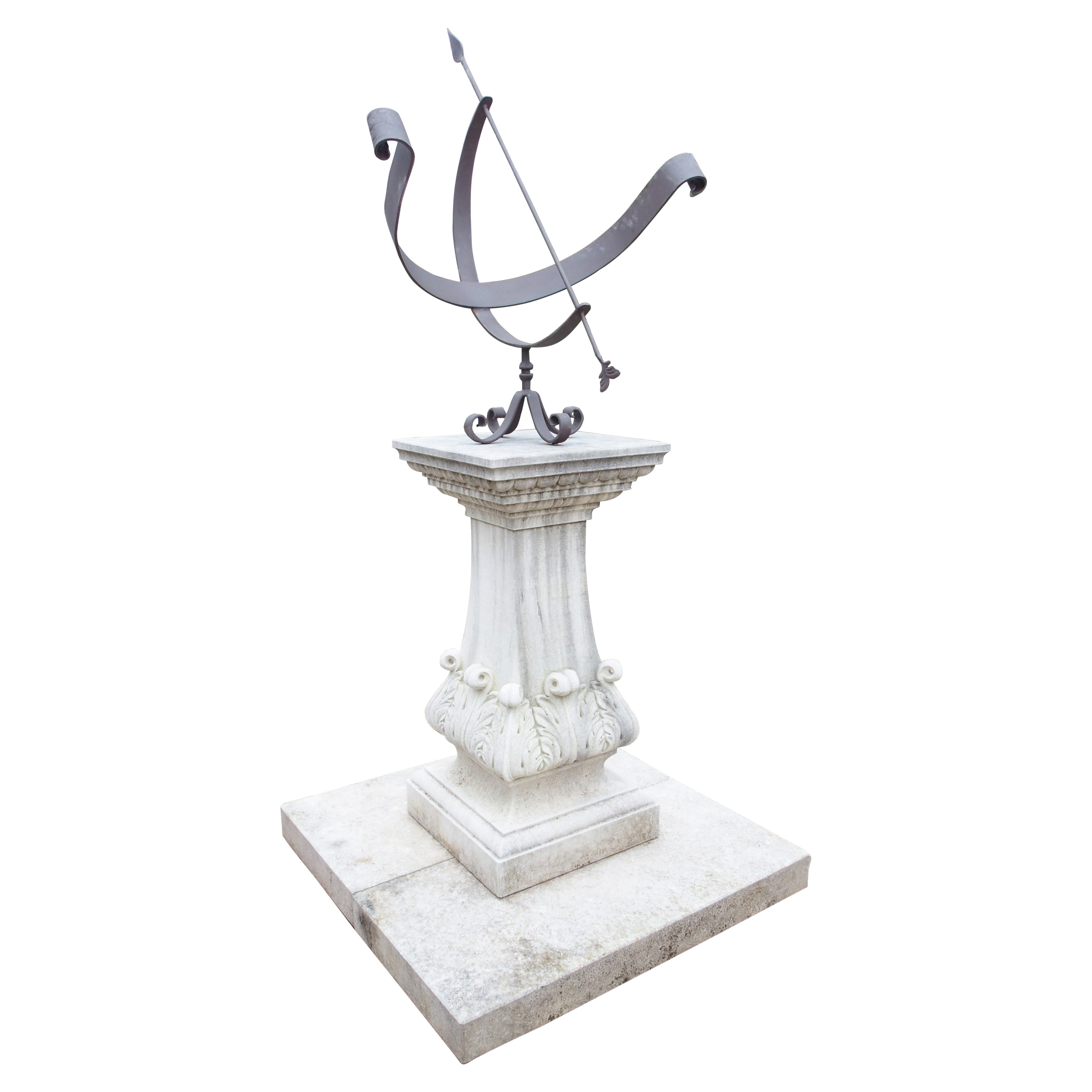 Large Italian Limestone Garden Armillary Sundial with Acanthus Carvings
