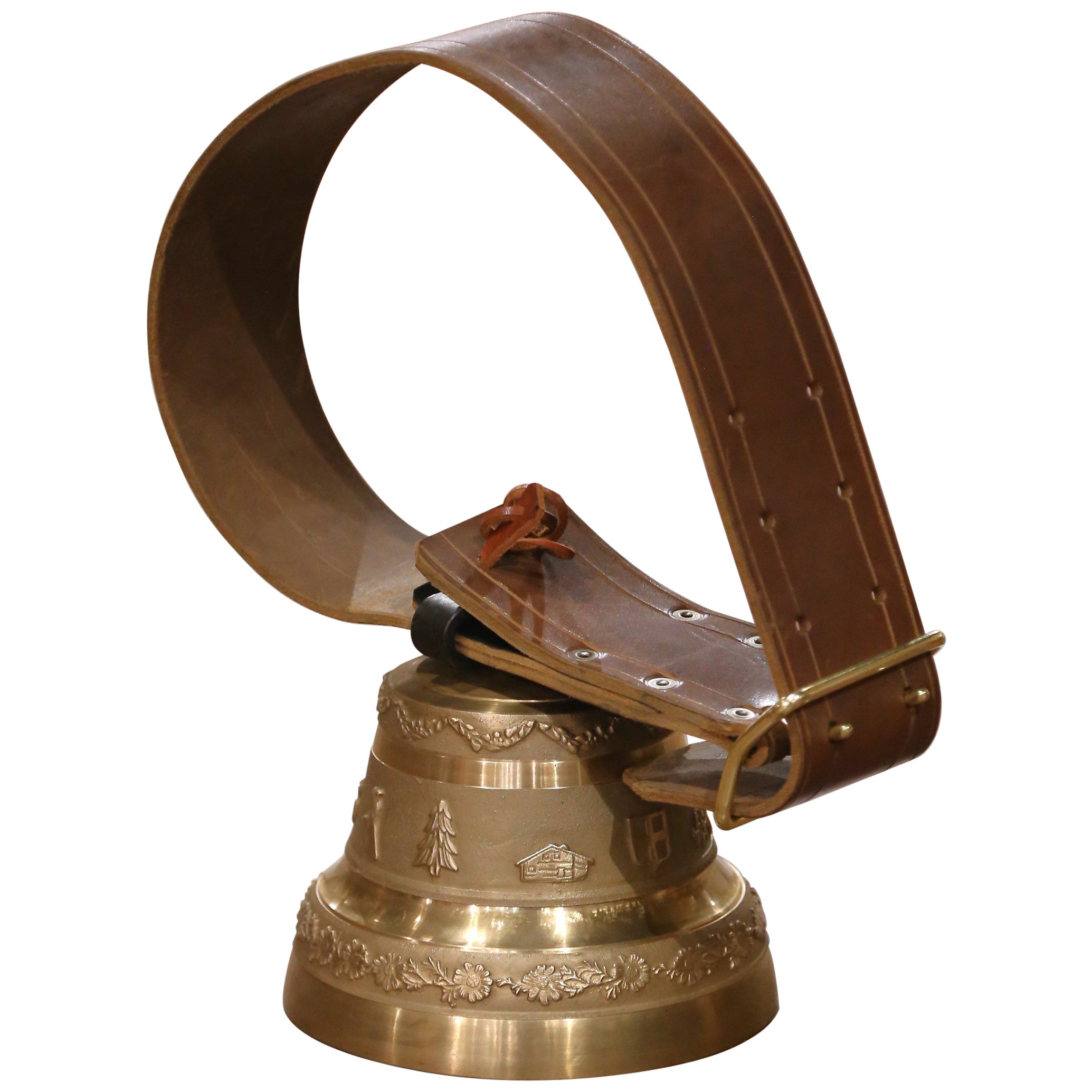 Mid-Century Swiss Bronze Cow Bell with Original Leather Strap and Buckle