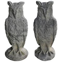 Pair of Large Stoic English Cast Stone Owls