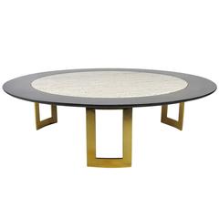 Massive and Awesome Lacquer and Travertine Coffee Table on Brass Base, 1960s