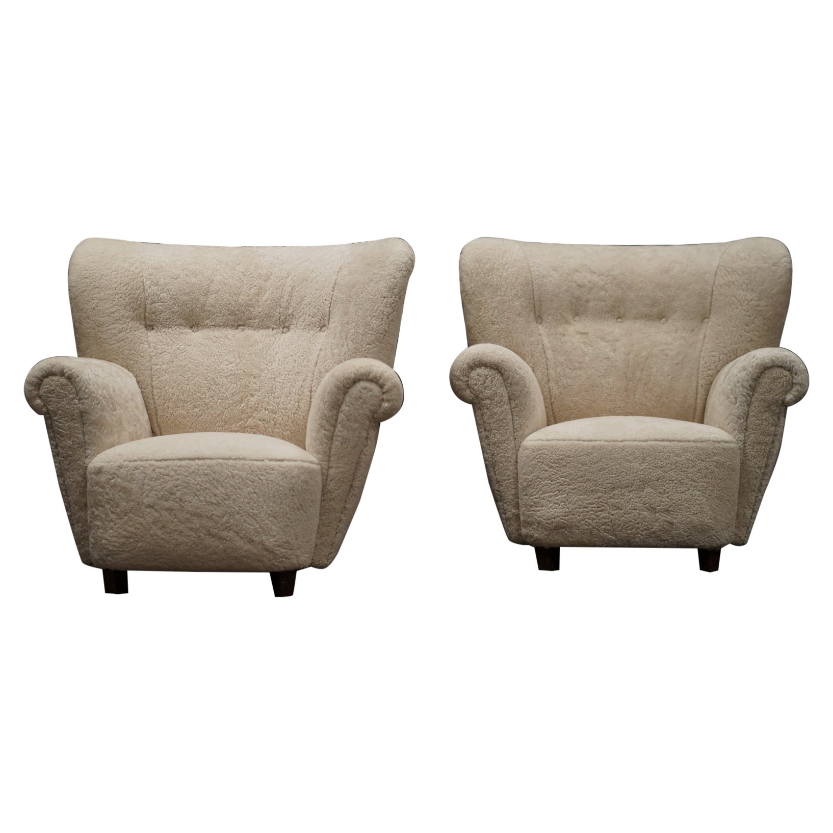 Pair Large Lounge Chairs, Shearling For Sale