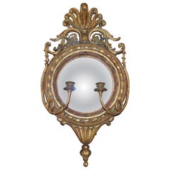 English Prince of Wales Gilt Wood Foliage Girandole Convex Wall Mirror, C. 1810